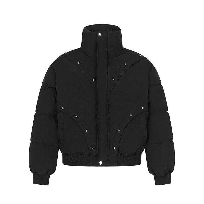 Beaded Design Thick Stand-up Collar Puffer Jacket for Men and Women Casual Warm Cotton Coat
