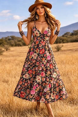 Pink Printed Camisole Long Dress Sleeveless Embroidered A-Line Elegant Summer Polyester — variant_front