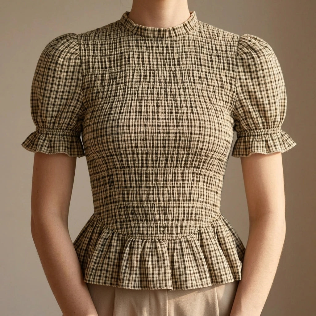 Apricot Shirred Ruffle Plaid Tee Top Women’s Lantern Sleeve Casual Workwear Daily Short Sleeve Polyester Spring Summer — lifestyle