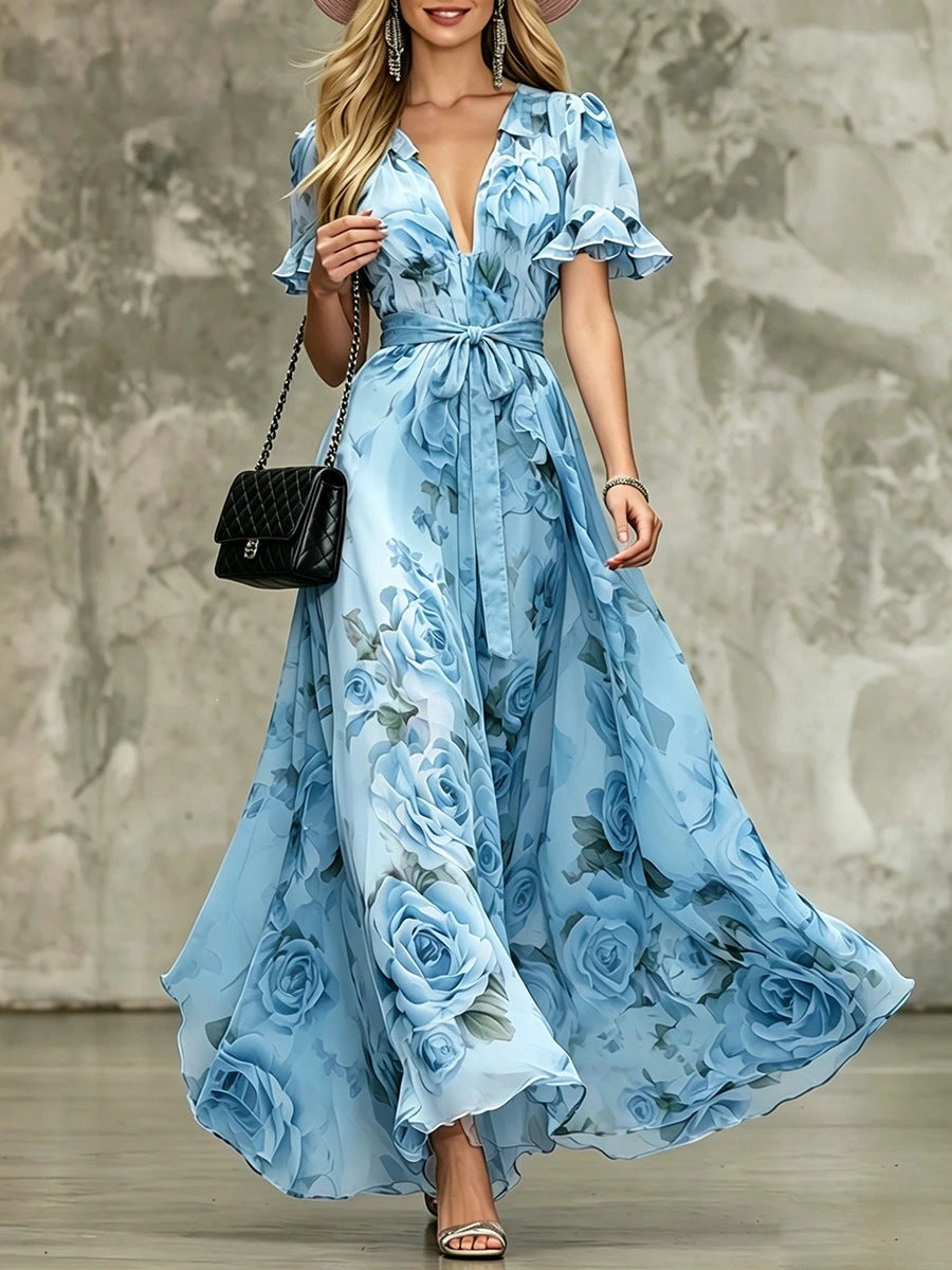 Pink Printed Maxi Dress, Deep V-Neck Ruffle Sleeve, High Waist, Effortless Summer Style — variant_front