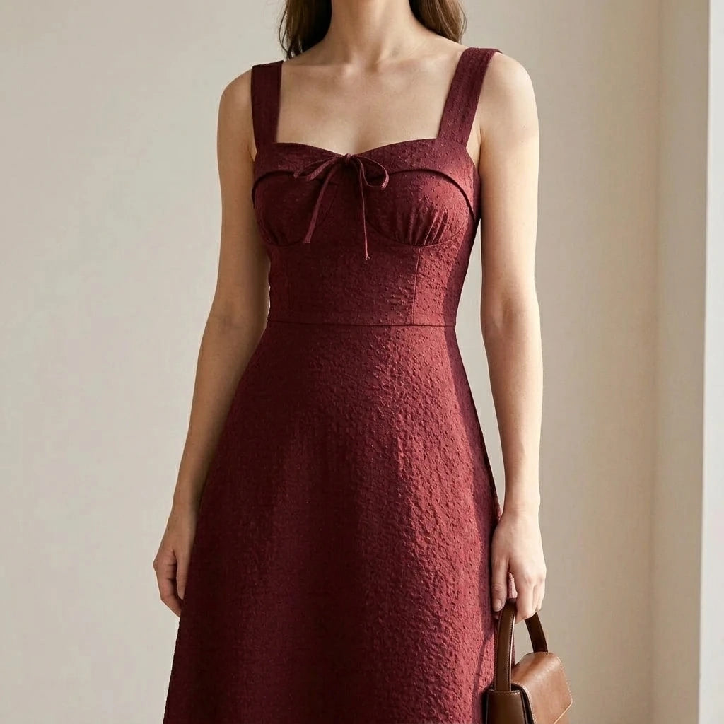 Elegant Wine Red Slip Midi Dress Women’s A-Line Sleeveless Natural Waist Daily Wear Summer Spring Geometric Polyester — lifestyle