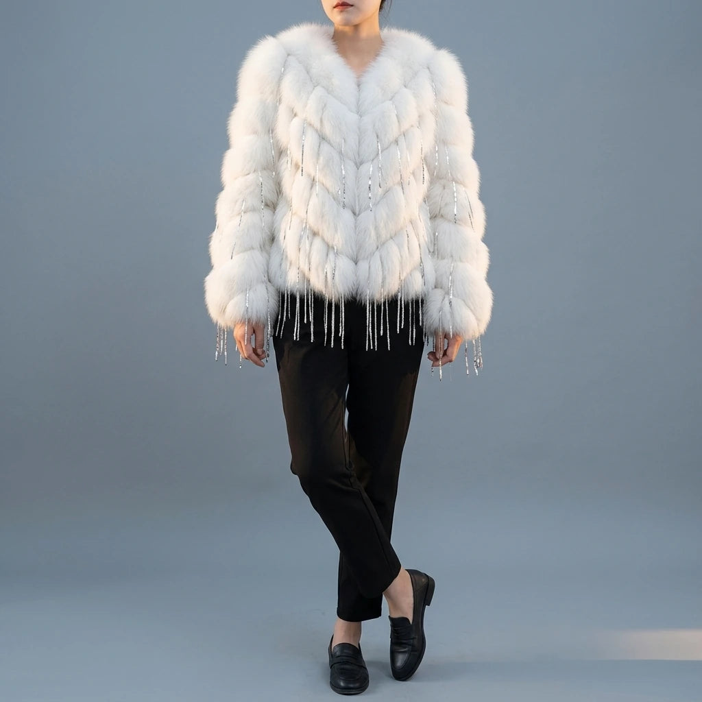 Fox fur coat women's fur car stripe tassel short V-neck — lifestyle