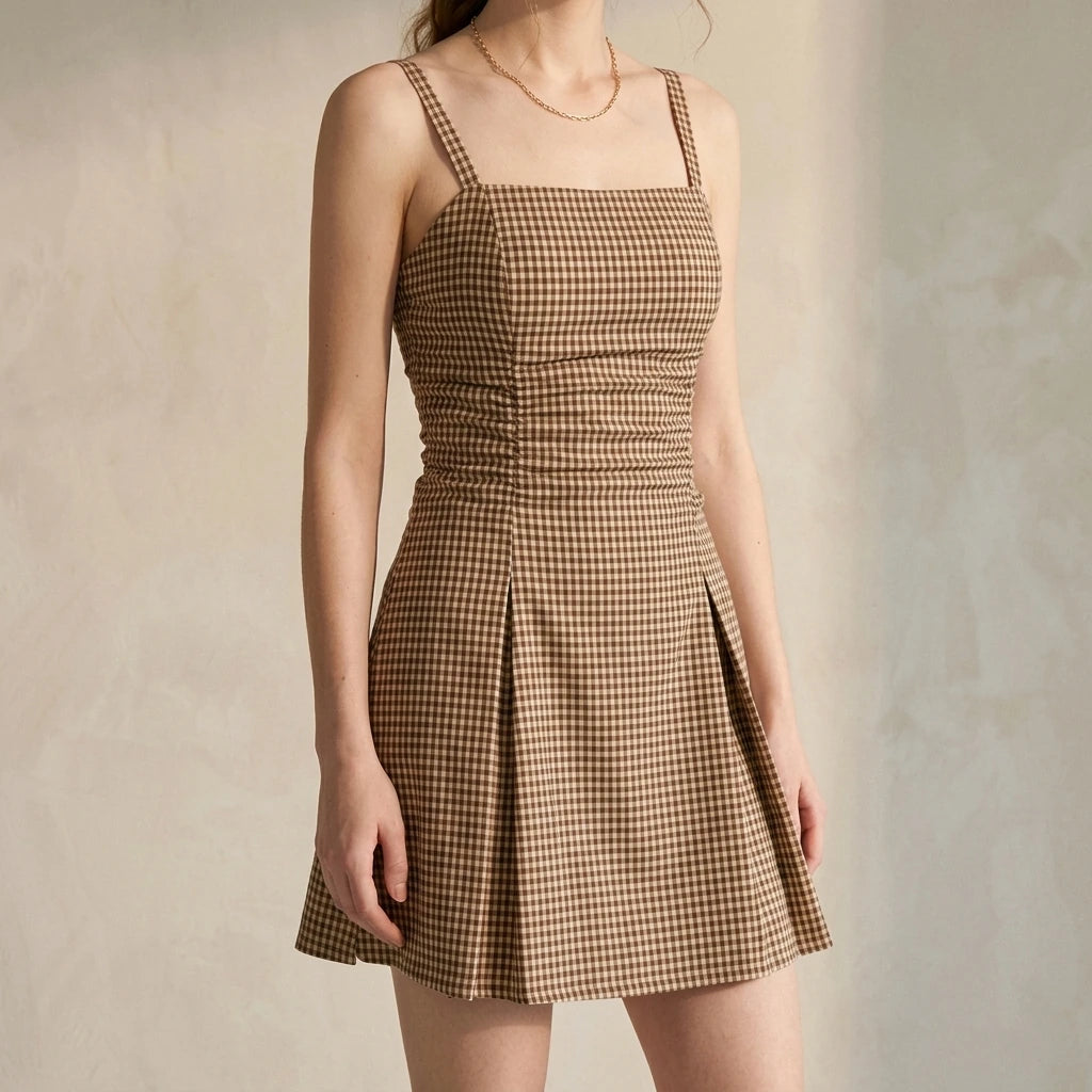 Elegant Ruched Plaid Mini Dress for Women, A-Line Slip, Square Neck, Lace Trim, Sleeveless, Cotton, Daily Summer Occasion, Brown — lifestyle
