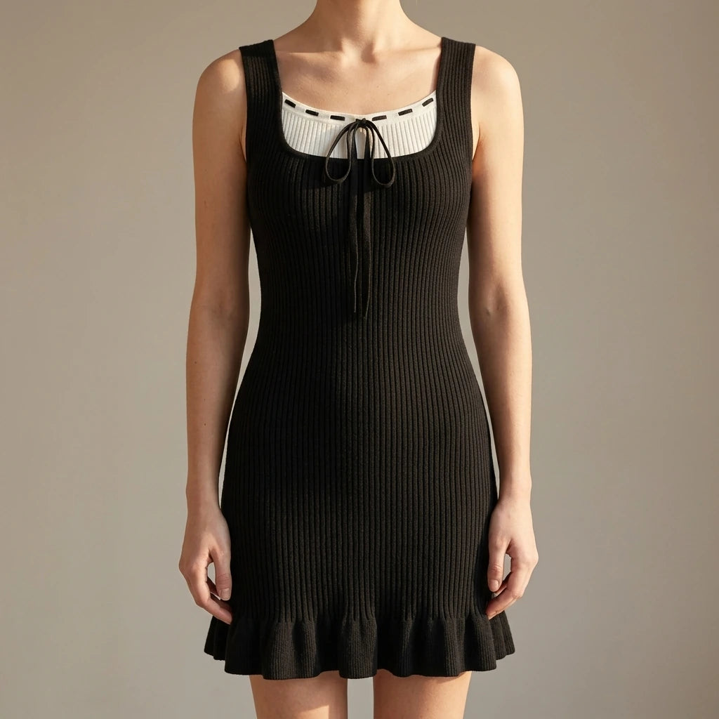 Elegant Bodycon Sweater Dress Women’s Sleeveless Square Neck Medium Stretch Contrasting Colors Daily Wear Black Viscose Summer — lifestyle