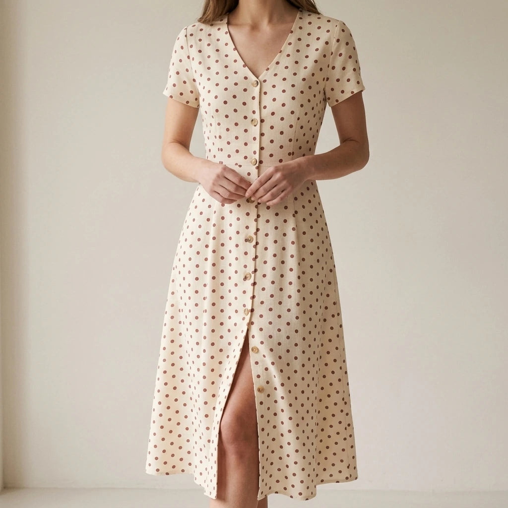 Modern A Line Polka Dot Midi Dress for Women, V Neck, Short Sleeve, Slit, Casual Brunch, Summer, Beige — lifestyle