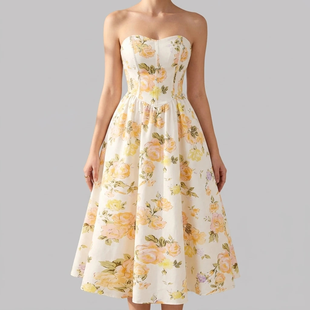 Yellow A-Line Maxi Dress, Sleeveless Printed Long Dress, Low Neckline, Polyester Spandex, Effortless Summer — lifestyle