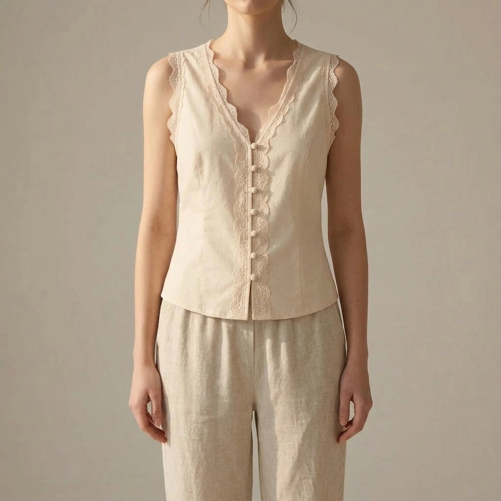 Elegant Sleeveless V Neck Vest Top for Women Daily Basic Hip Length Single Breasted Button Lace Tie Apricot Polyester Summer Spring — lifestyle