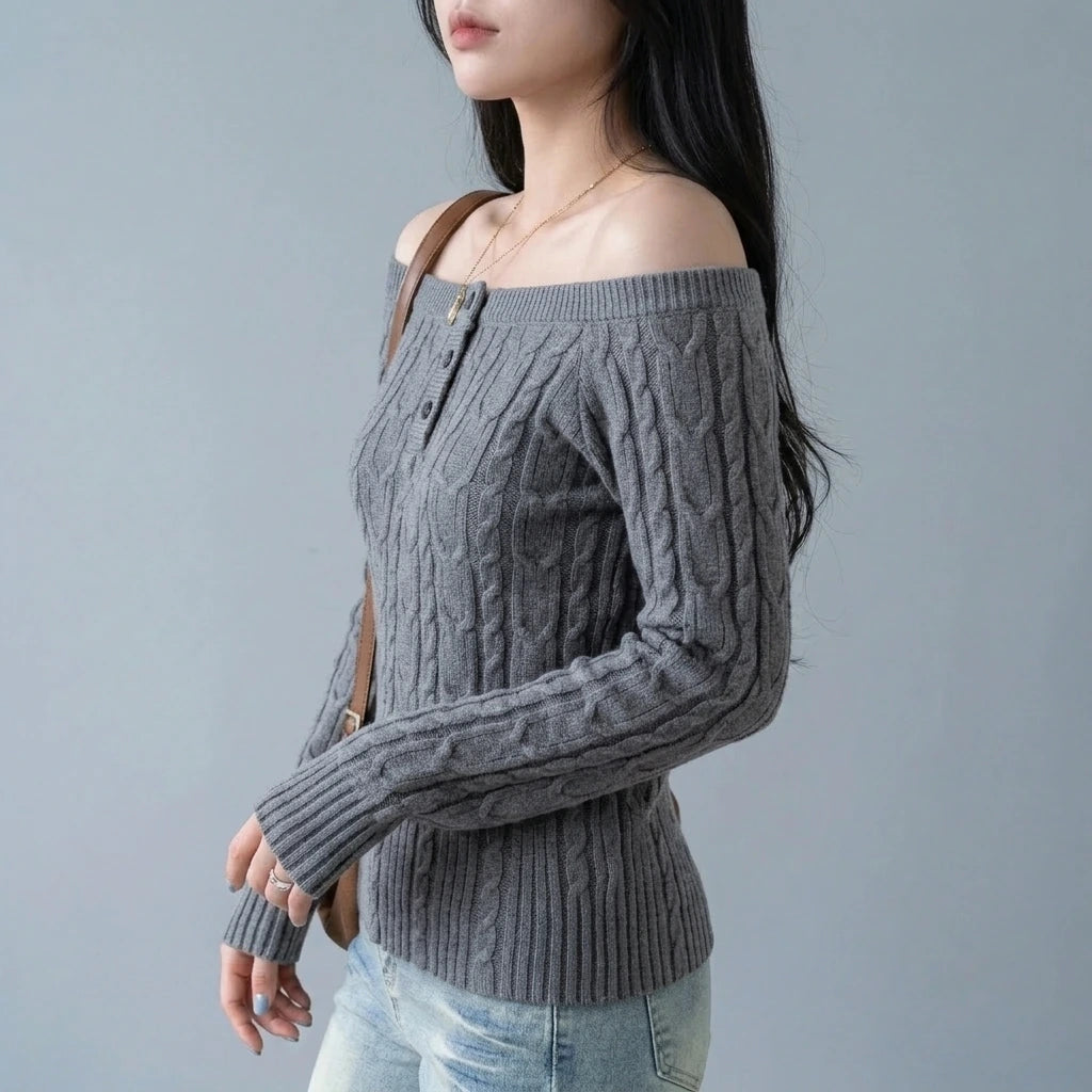 Chunky Knit Off-Shoulder Grey Sweater Top for Women, Long Sleeve, Short Length — variant_front