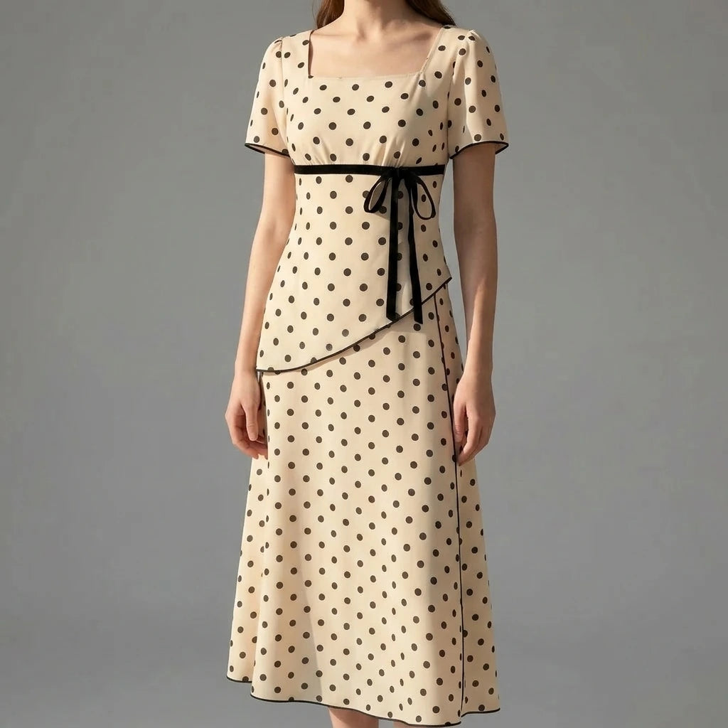 Casual A-Line Two Piece Skirt Set for Women, Polka Dot, Elastic Waist, Daily Wear, Short Sleeve, Spring Summer, Apricot, Polyester — lifestyle