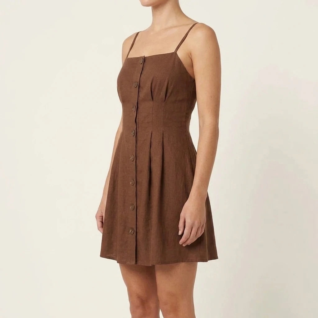Brown Pleated Skater Mini Dress Women's Sleeveless Slip Office Wear A-Line Workwear Basic Button Detail Natural Waist Polyester Summer Spring Brown — lifestyle