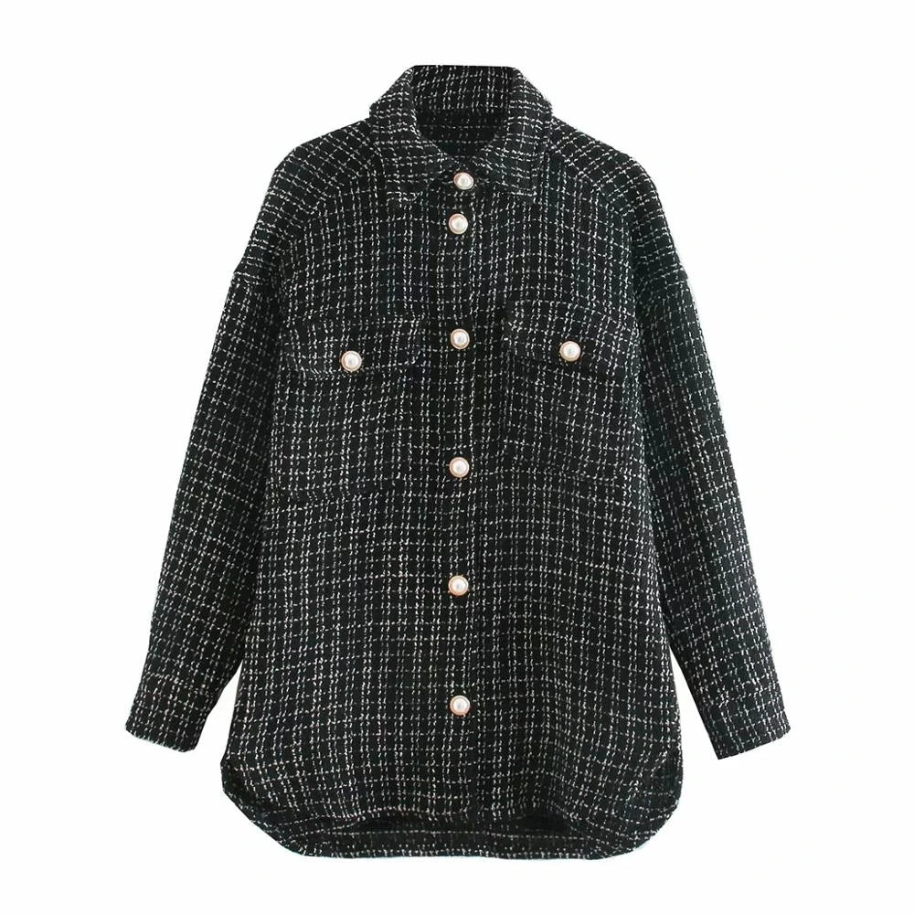 Women Blazer Tweed Shirts Plaid Oversized Jacket Casual Button Up Jacket Ladies Long Sleeve Women Casual Blazer Tops Beige Shirt — variant_front
