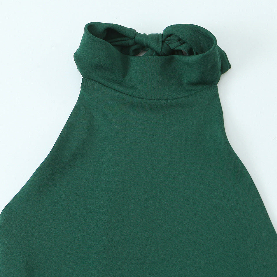 Dark Green MIDI Dress, Summer High Neck Sleeveless Straight Skirt, Hanging Collar, Polyester, Casual Elegant
