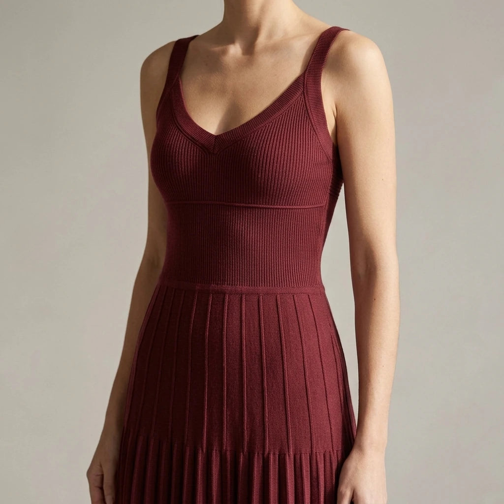 Retro Sleeveless Sweater Dress for Women, Ruched Sheath Slip Knit, Daily Party Summer Midi, Wine Red, 50% Viscose, Medium Stretch — lifestyle