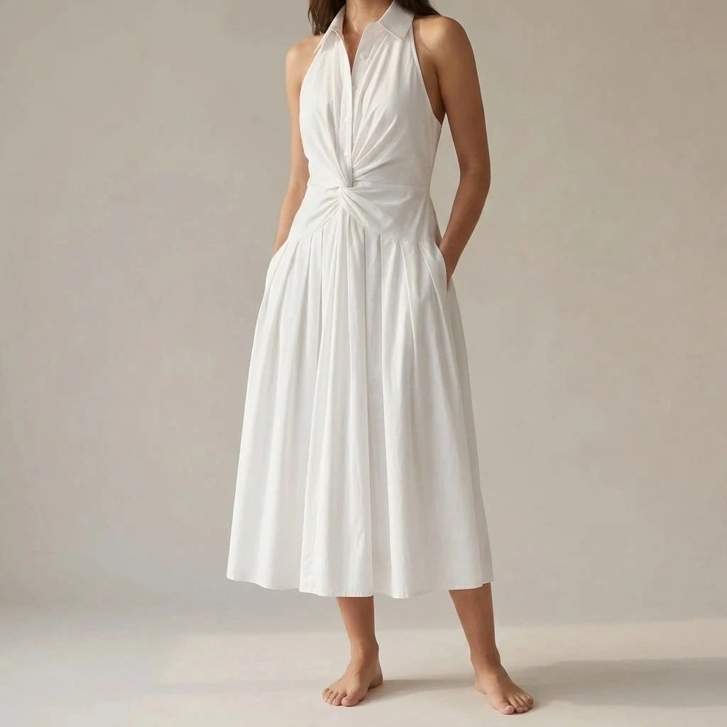 White Shirred Backless Midi Dress Women's High Waist Sleeveless A-Line 50% Viscose Summer Casual Office Wear Wedding Guest White — lifestyle