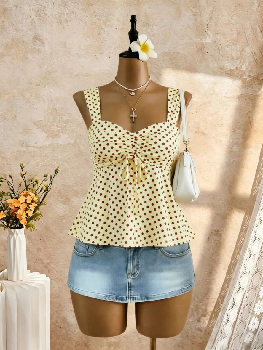 White Eyelet Lace Ruched Cami Top Women's Sleeveless Peplum Tie Front Casual Summer Knit White