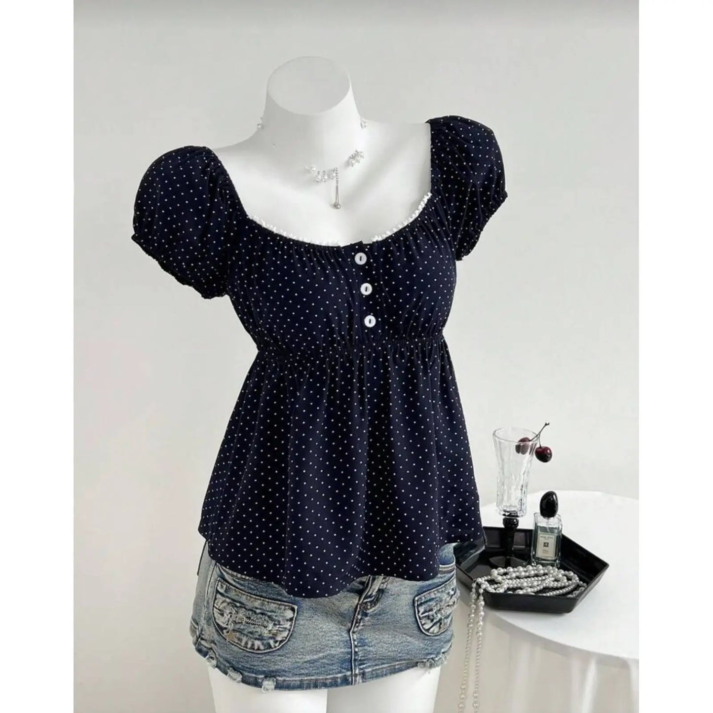 Vintage Polka Dot Babydoll Blouse Women's Puff Short Sleeve Chiffon Square Neck Korean Style Summer Top Navy Blue