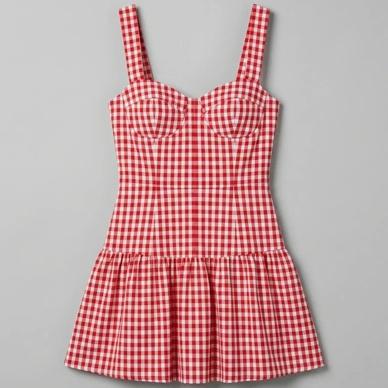 Red Plaid Skater Slip Mini Dress for Women, Sweetheart Neck, Sleeveless, Natural Waist, Summer Casual Party, 100% Cotton, Red — gallery_03.webp