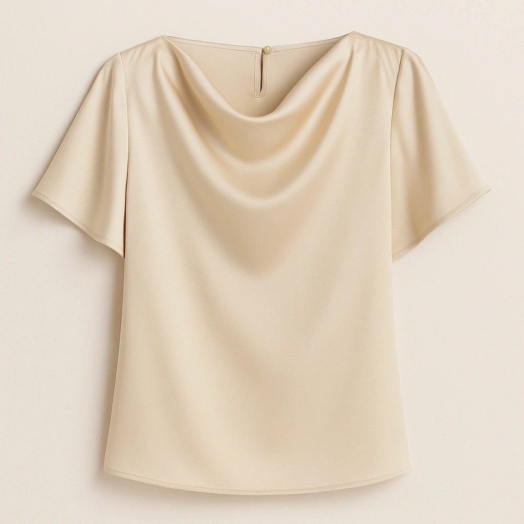 Isolated product image of Apricot Cowl Neck Short Sleeve Tee Top Workwear Summer on simple background