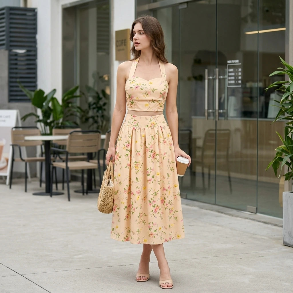Second natural lifestyle image of a model wearing Apricot Floral Halter Two-Piece Skirt Set