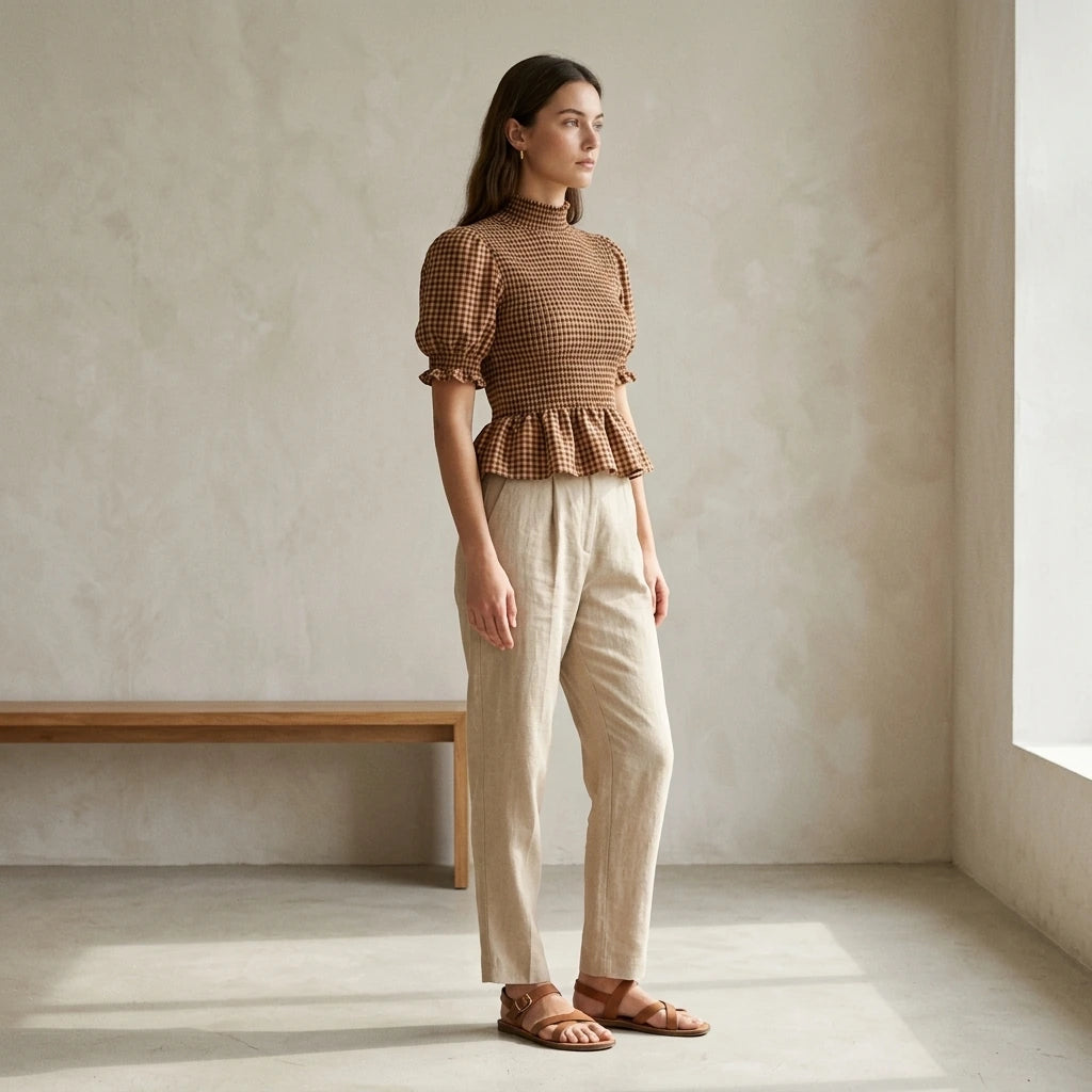 Second natural lifestyle image of a model wearing apricot-lantern-sleeve-shirred-plaid-tee