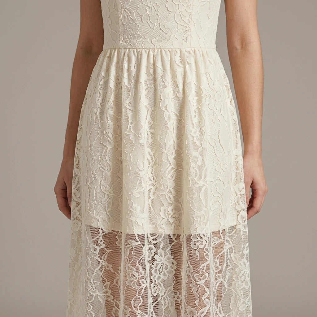 Model wearing Apricot Sheer Lace Slip Maxi Dress with close focus on the product