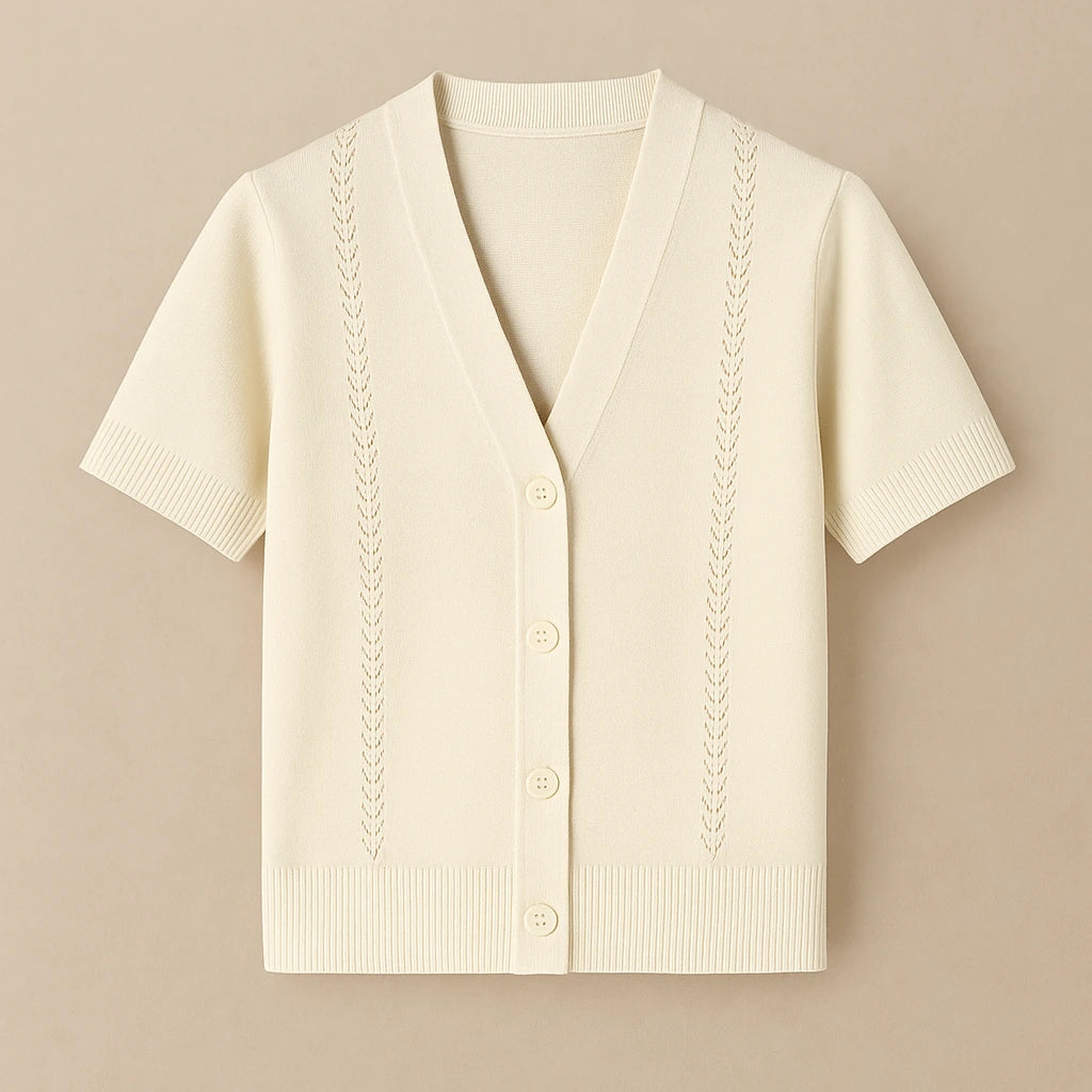 Isolated product image of Apricot V Neck Short Sleeve Cardigan Polyester Textured Chic Summer on simple background