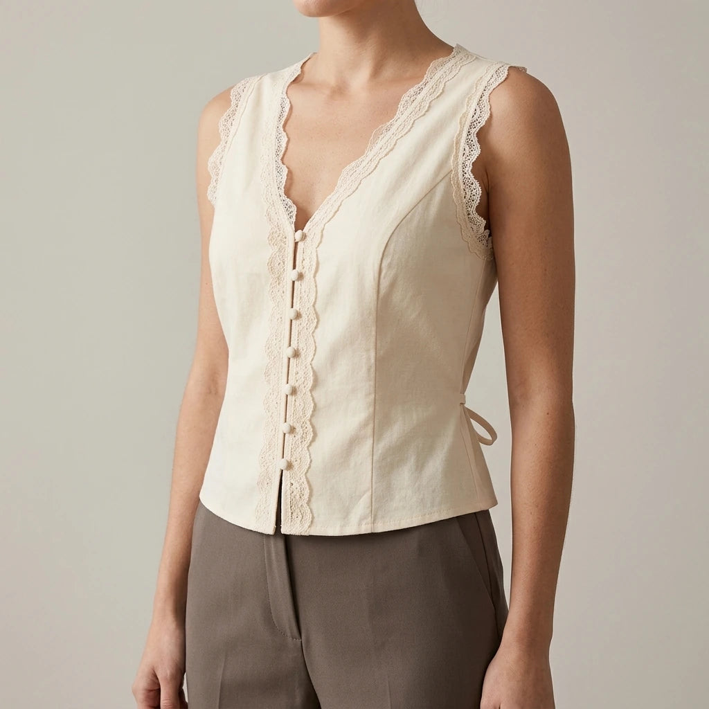 Model wearing apricot-v-neck-lace-vest with close focus on the product