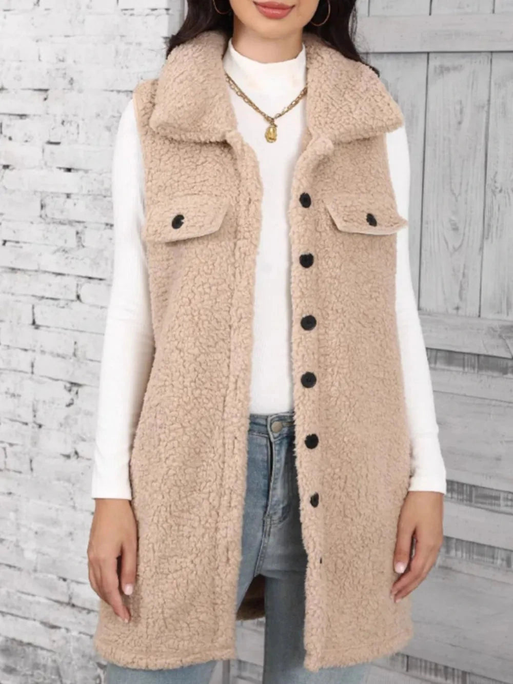 Button Up Teddy Vest Coat — variant_front