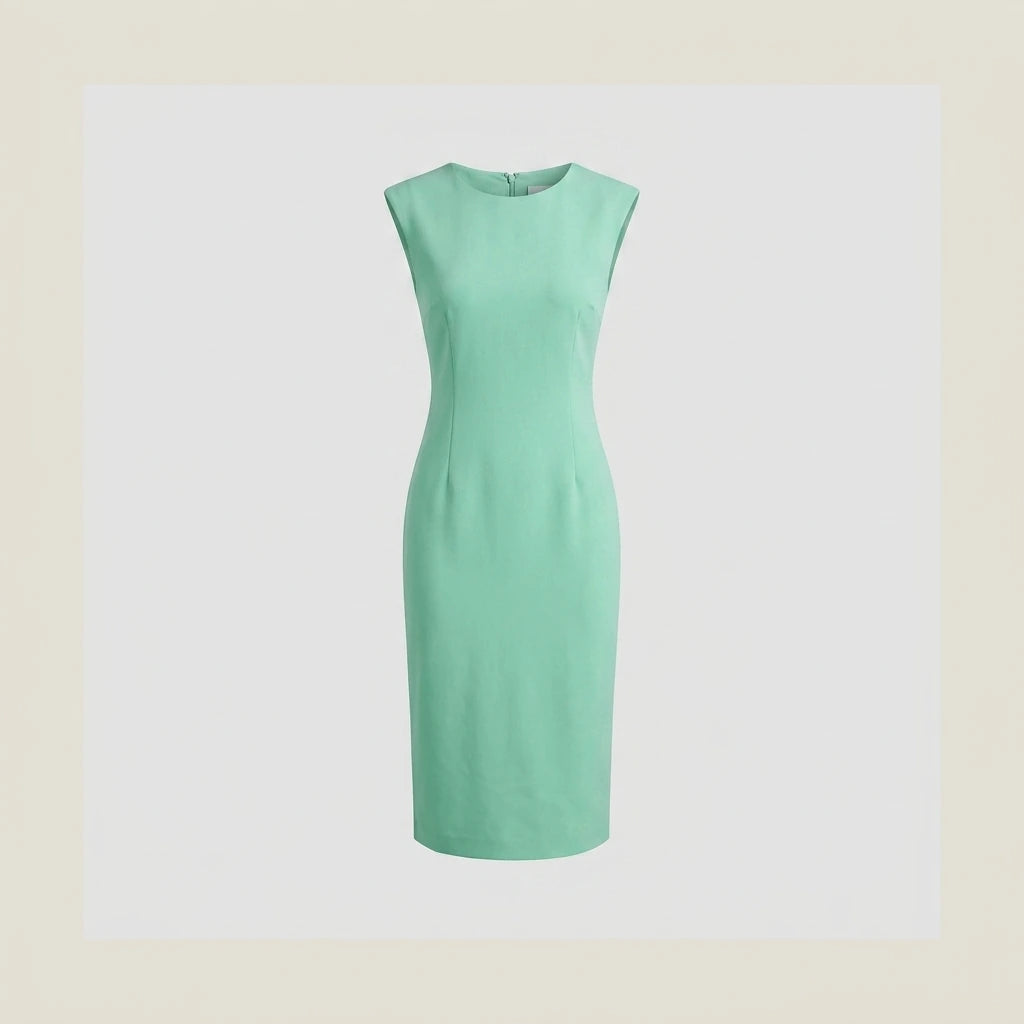 White Slim Fit Midi Dress, Sleeveless Round Neck, Solid Polyester, Effortless Summer Style — variant_front