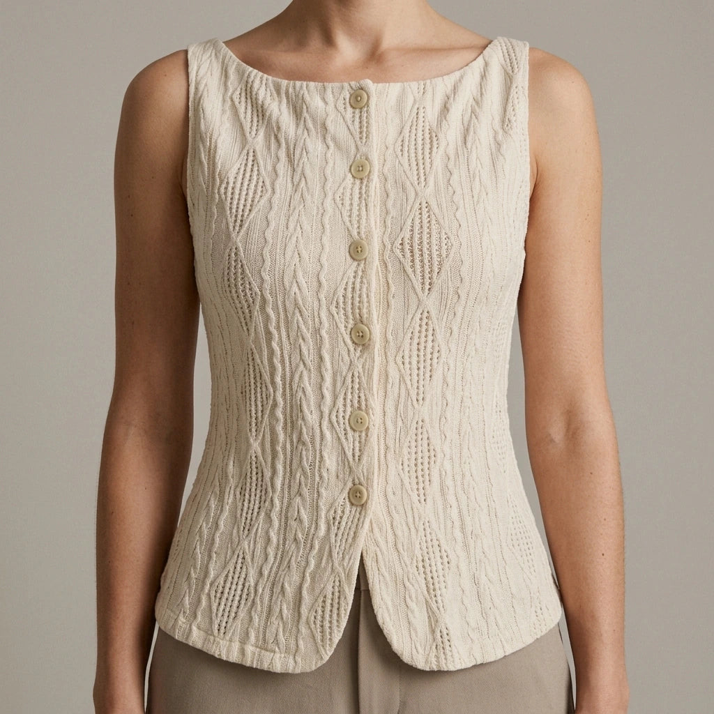 Model wearing beige-boat-neck-button-tank-top with close focus on the product