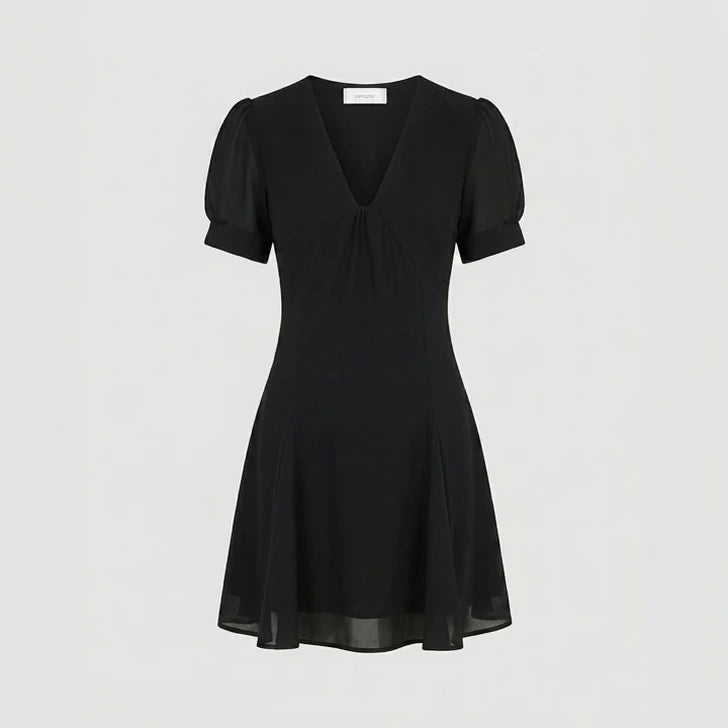 Front product-only image of black-v-neck-puffed-sleeve-mini-dress