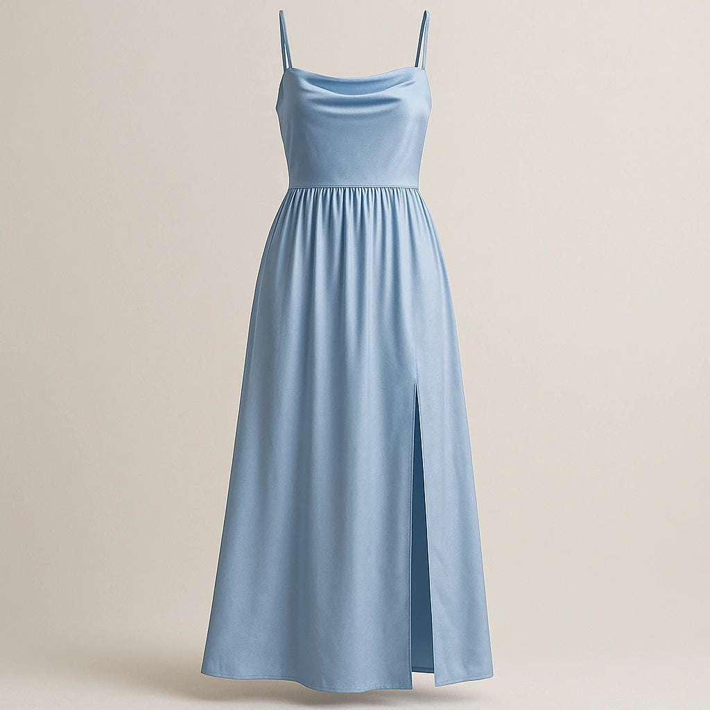 Isolated product image of Blue Ruched Slip Maxi Dress Sheath Sleeveless Polyester Occasion Summer on simple background