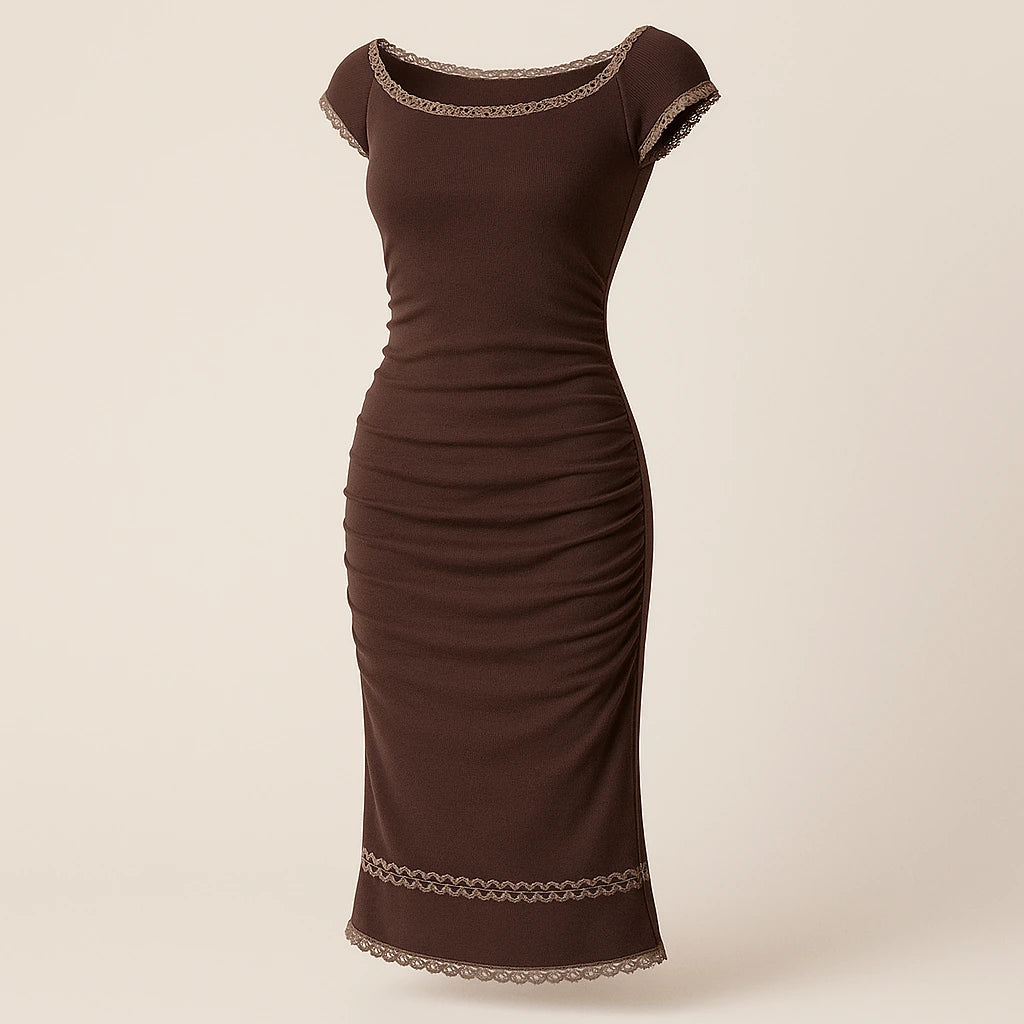 Isolated product image of Brown Boat Neck Cap Sleeve Midi Dress Ruched Sheath Knit, three-quarter angle view