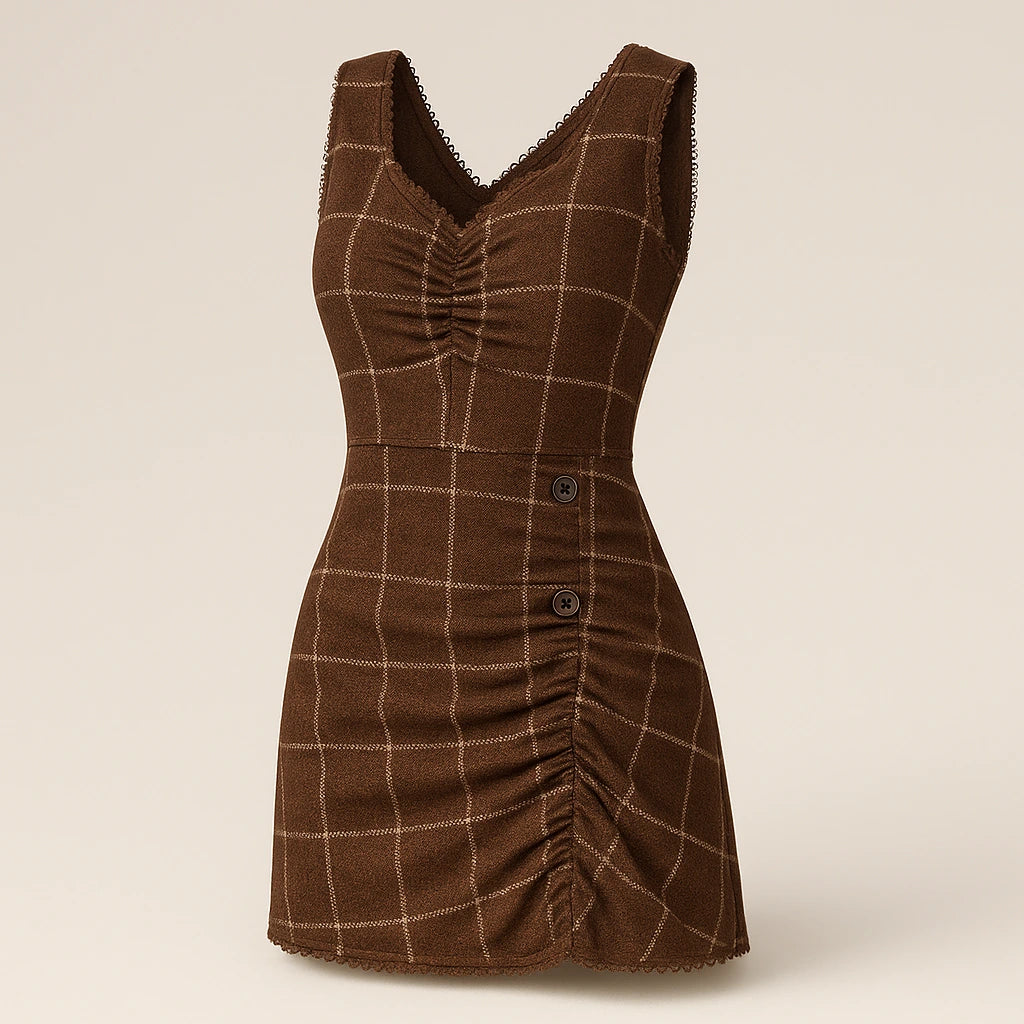 Isolated product image of Brown Ruched Plaid Mini Dress Sheath Sleeveless Viscose Modern Summer, three-quarter angle view