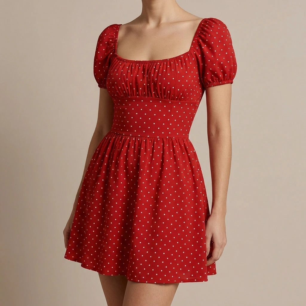 Cute Red Polka Dot Ruched Mini Dress for Women, Skater A-Line, Puffed Short Sleeve, Casual Daily Summer, Square Neck, Natural Waist, Polyester — lifestyle