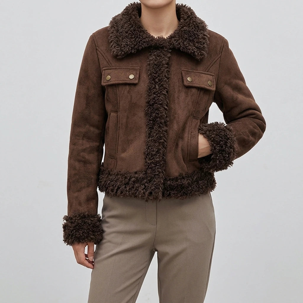 Shearling Coat Women Winter Short Length Faux Fur Collar Thick Warm Jacket Parka — lifestyle