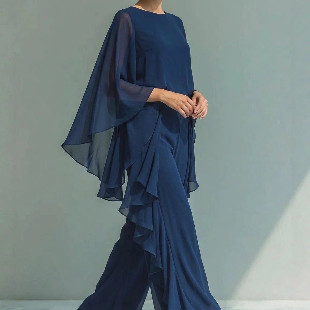 Deep Blue Ruffle Pants Set, Wide Leg Two Piece Outfit, Batwing Long Sleeve Top, Elegant Polyester — lifestyle