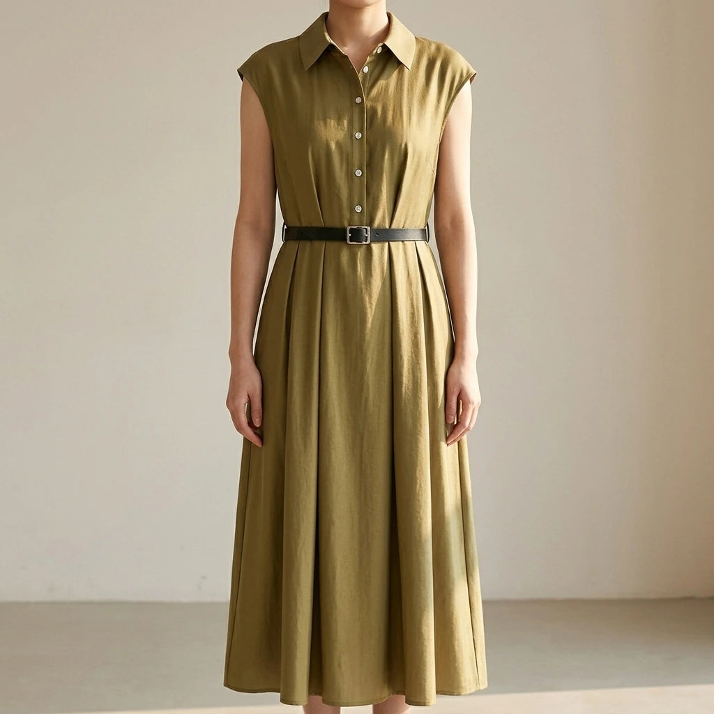 Image Color Elegant Maxi Shirt Collar Dress, Sleeveless High Waist, Single Breasted, Polyester, Summer — lifestyle