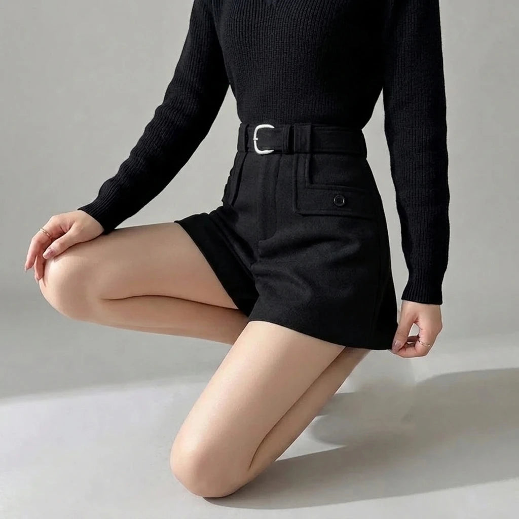 Solid Color Casual Shorts for Women High Waist Woolen — variant_front