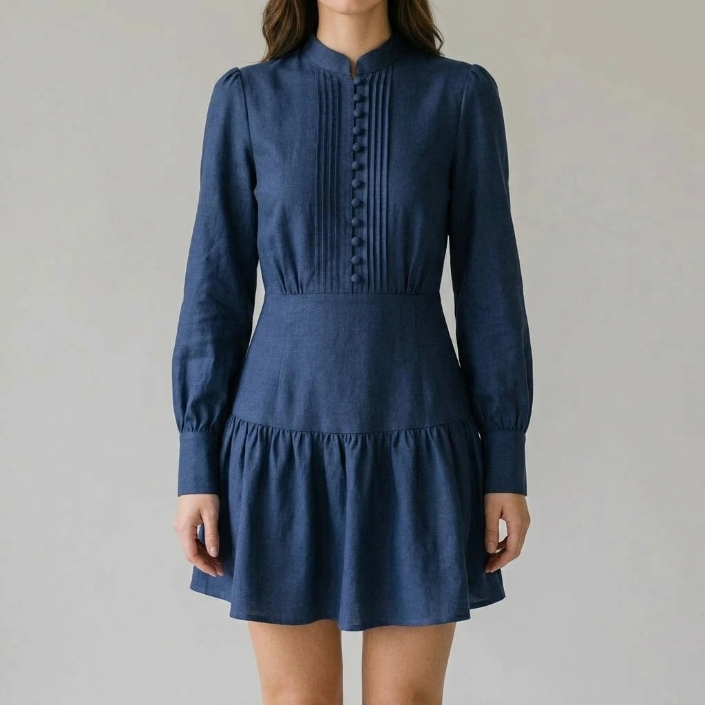 Blue Pleated Skater Mini Dress Women's Casual A-Line Daily Wear Mandarin Collar Long Bishop Sleeve Natural Waist Solid Polyester Autumn Winter — lifestyle