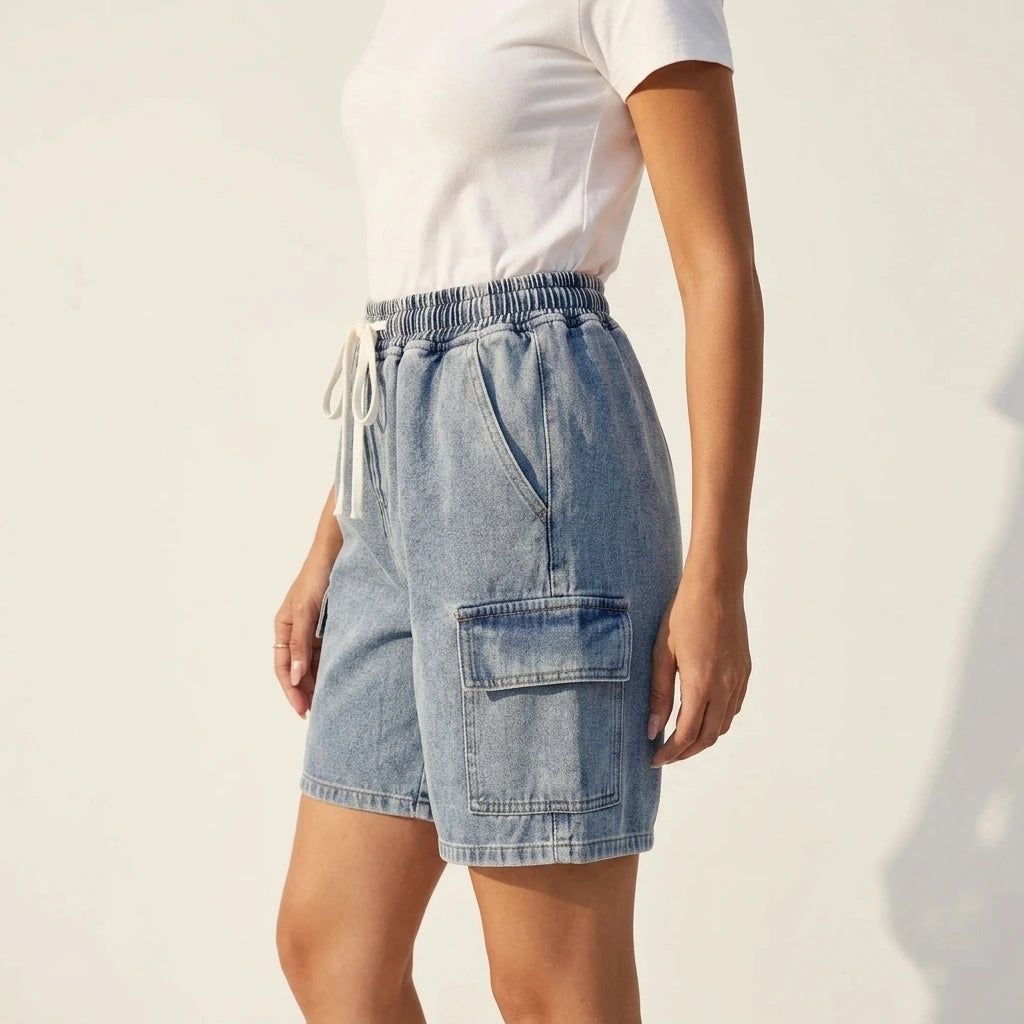 Drawstring Denim Shorts with Pockets — variant_front