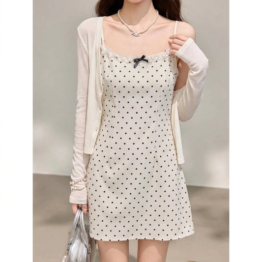 Apricot Polka Dot Short Strap Dress, Sleeveless Fitted Mini, Knitted Polyester, Effortless Summer — lifestyle