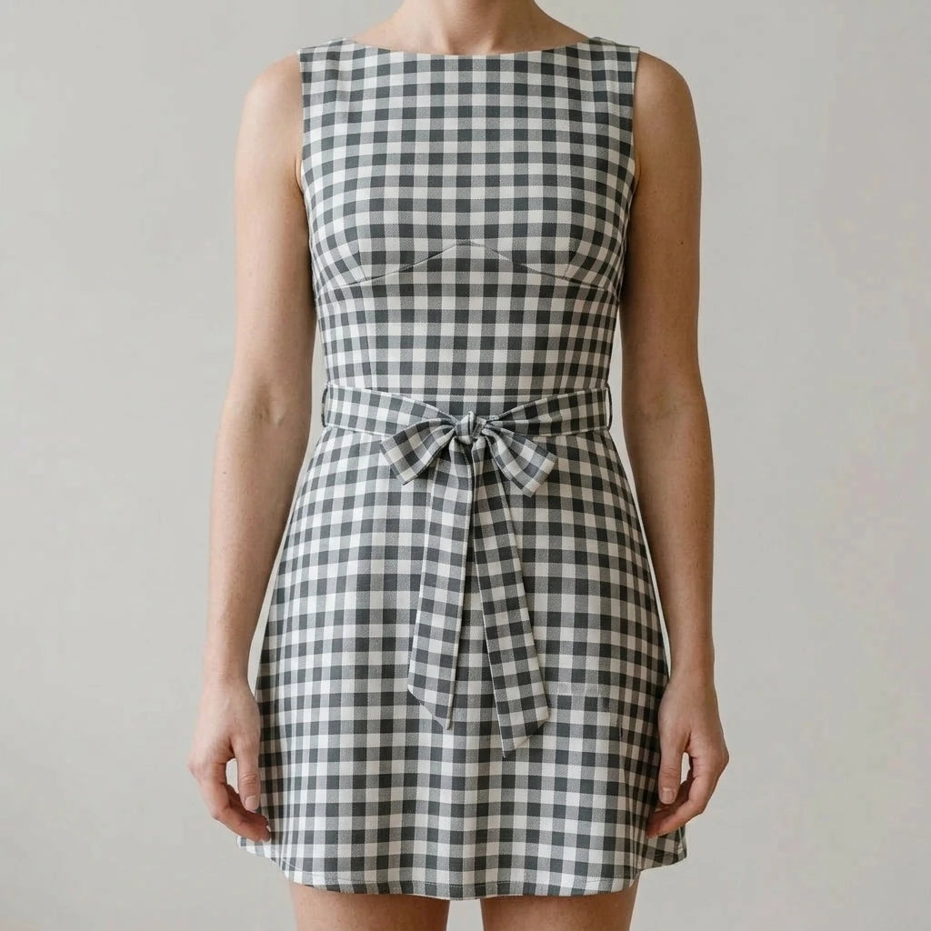 Retro Plaid A-Line Mini Dress Women's Sleeveless Boat Neck Daily Wear Natural Waist Medium Stretch Polyester Grey Summer Spring — lifestyle