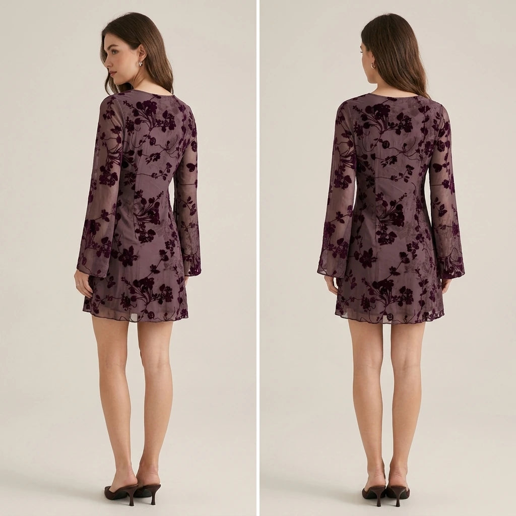 Second natural lifestyle image of a model wearing purple-v-neck-floral-mini-dress