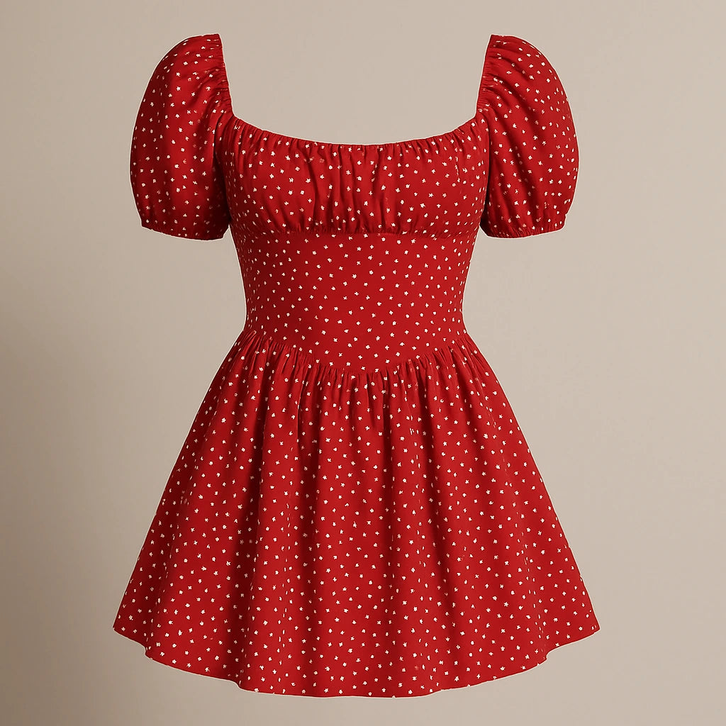Isolated product image of Red Ruched Polka Dot Mini Dress Skater Square Neck Short Sleeve Puffed Stylish Summer on simple background