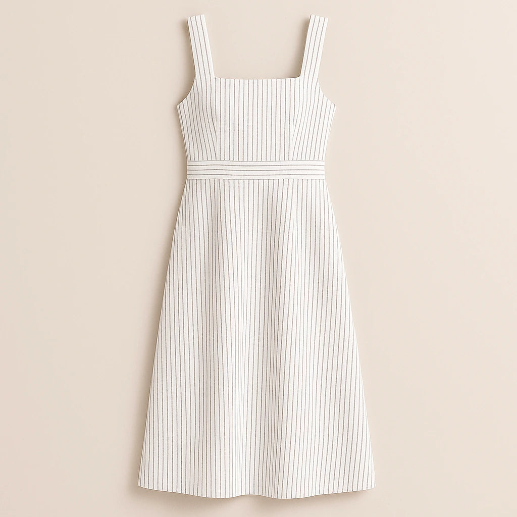 Isolated product image of White Striped Slip Midi Dress Square Neck Sleeveless Workwear Summer on simple background