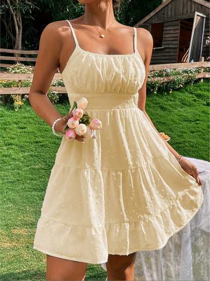 Swiss Dot Print Strap Dress for Women Summer Mini Umbrella Skirt, High Waist Polyester Camisole, Elegant Casual Clothing