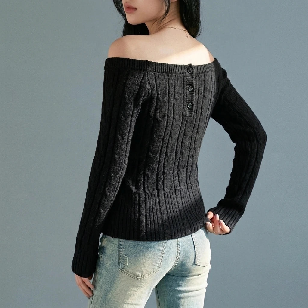 Chunky Knit Off-Shoulder Grey Sweater Top for Women, Long Sleeve, Short Length — variant_front