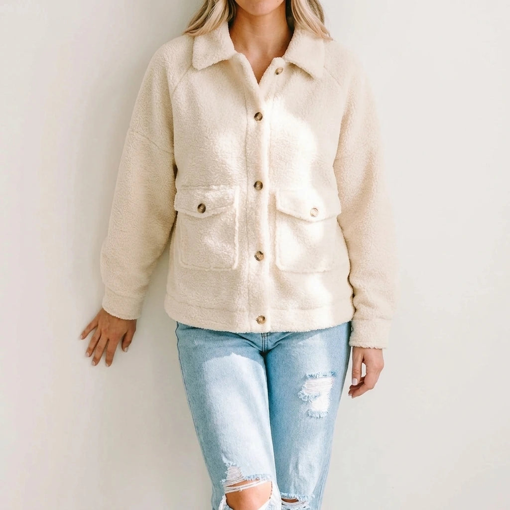 Beige Flap Button Pocket Sherpa Jacket — variant_front