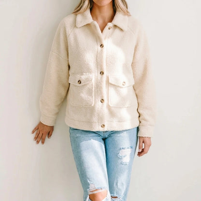 Beige Flap Button Pocket Sherpa Jacket — variant_front